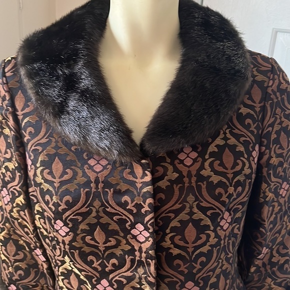 VTG nine west brown & rose gold 90’S brocade jacket removable faux fur trim 4 - Picture 2 of 15